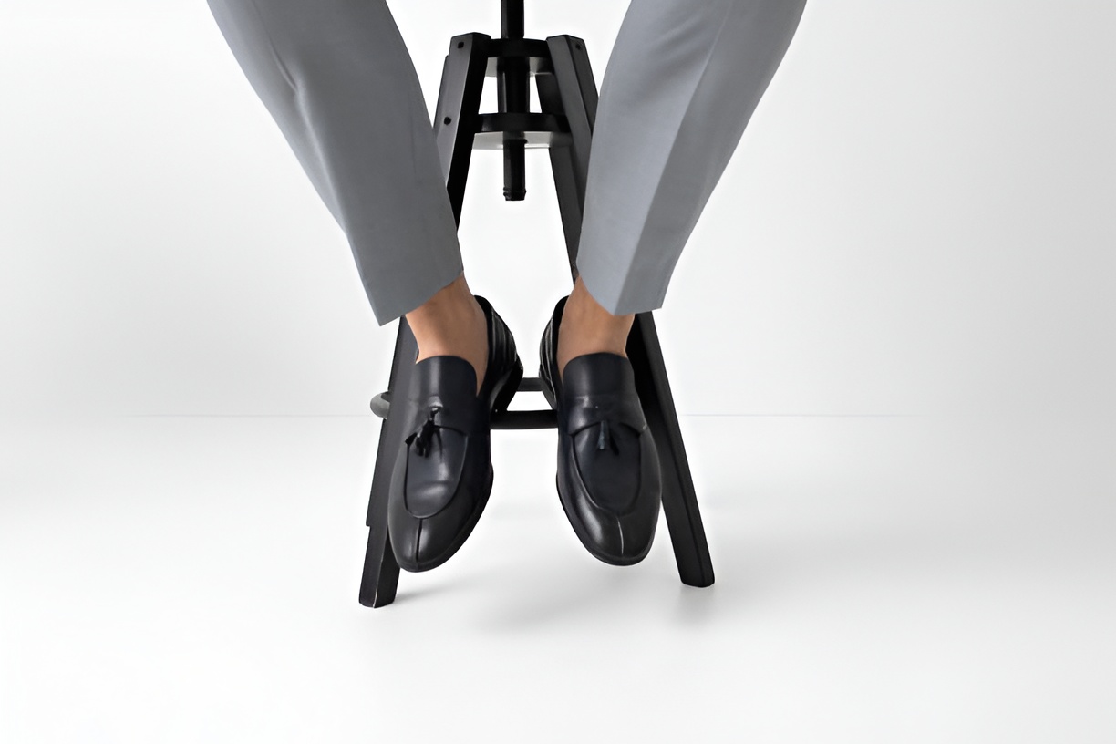 man wearing loafers sitting on a chair