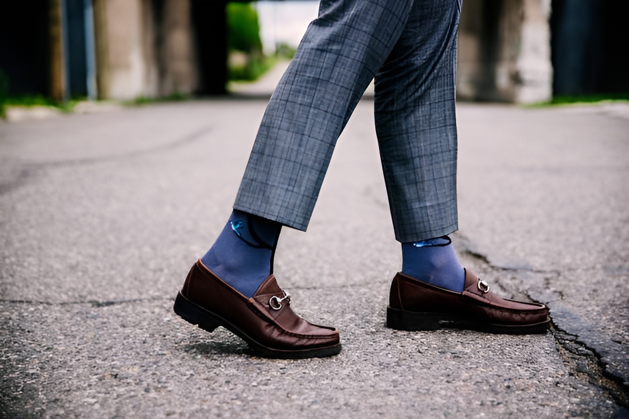 man wearing blue socks and brown loafers