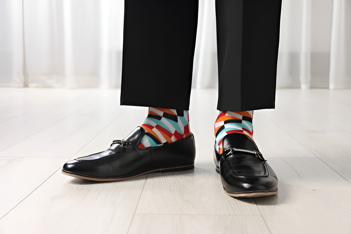 man wearing colorful socks and black loafers